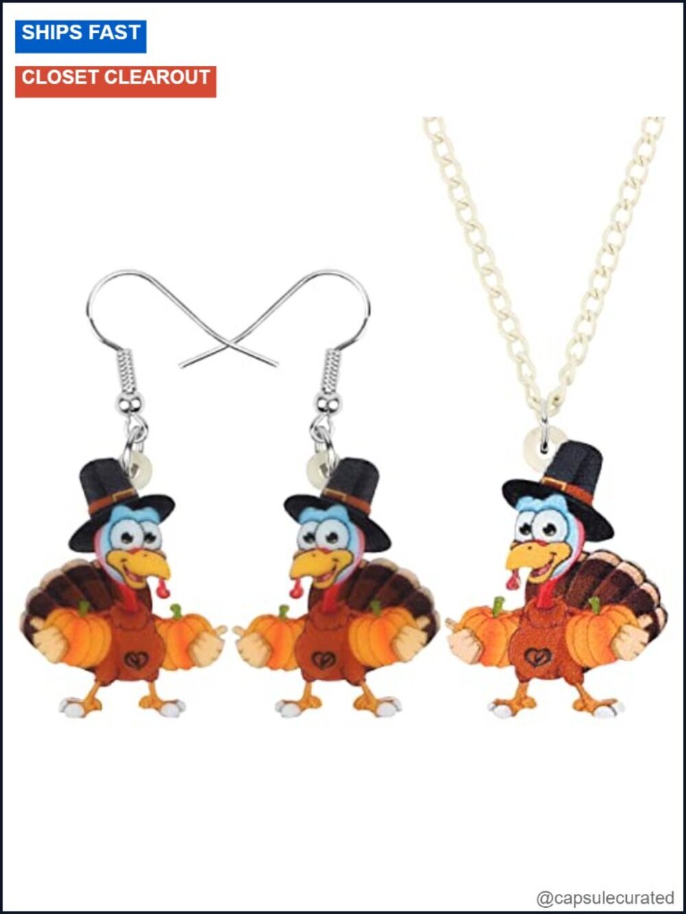 Acrylic Turkey Pendant Necklace and Dangle Earrings Jewelry Set